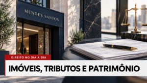 Card ilustrativo da série Direito no Dia a Dia, da Mendes Santos, sobre imóveis, tributos e patrimônio.